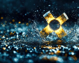 A glowing radioactive symbol surrounded by water droplets, symbolizing purity and cleansing