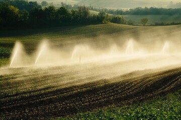 Watering Crops in Western Germany with Irrigation System Using Sprinklers in a Cultivated Field