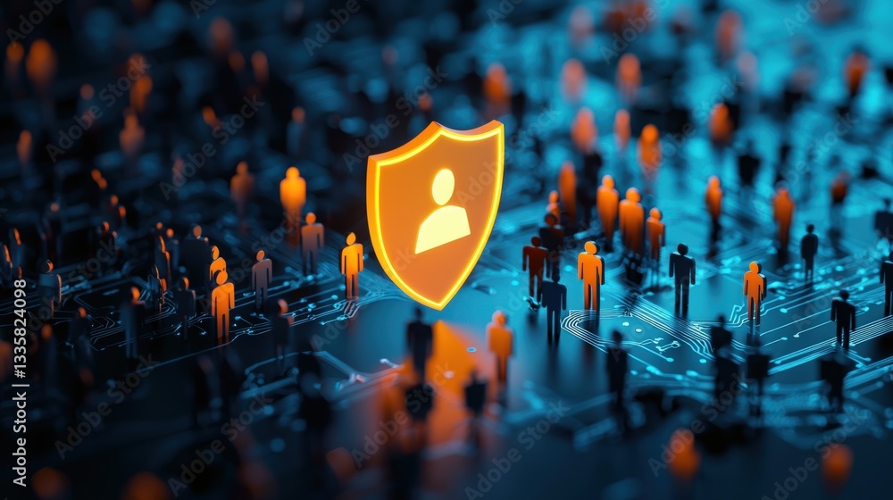 Poster a glowing shield hovering above a group of workers symbolizing protection