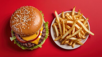  A mouthwatering classic burger and fries on a bold red backdrop