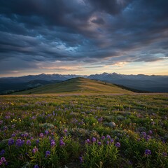 Obraz premium Scenic meadow with wildflowers and mountains at sunset.