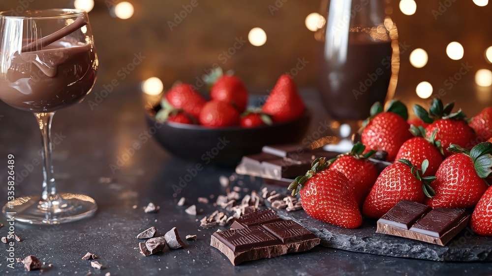 Poster elegant display of chocolate and fresh strawberries artfully arranged on a dining table setting