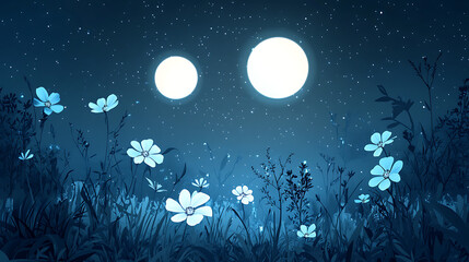 Fototapeta premium A serene night landscape featuring glowing flowers under a starry sky with two bright moons