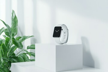 White Modern Smart Watch Mockup on a White Product Presentation Podium Cube 3D Rendering