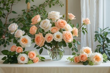 Tranquil Botanical Arrangement of Peach and White Roses on Cream Table for Relaxing Lifestyle Decor