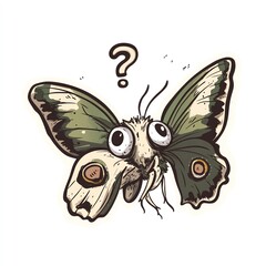 A quirky and whimsical illustration of a butterfly with a puzzled expression.