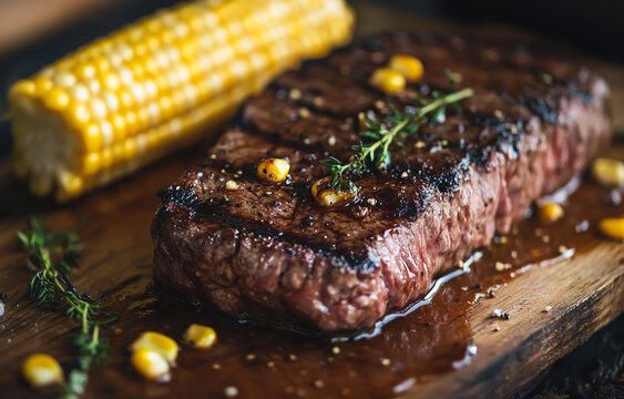 A perfectly grilled steak with corn on the cob and an elixir of bone broth sauce