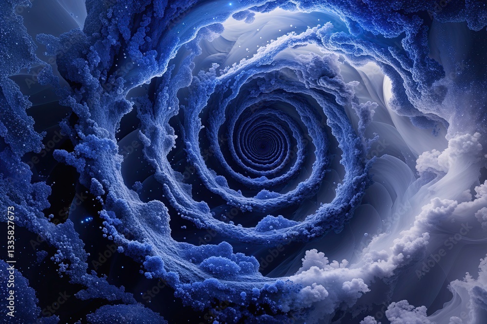Poster serene indigo abstract art featuring spiraling tranquility and mystical particle textures