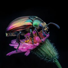 Fototapeta premium Vibrant Jewel Scarab Beetle on Pink Flower