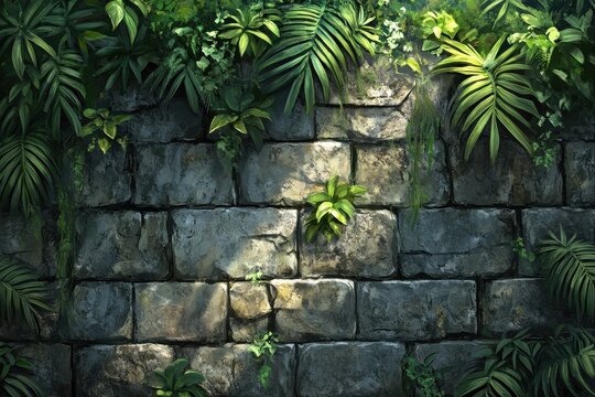 Stone wall covered in lush tropical plants. Ideal background for adventure, nature, or jungle themes.