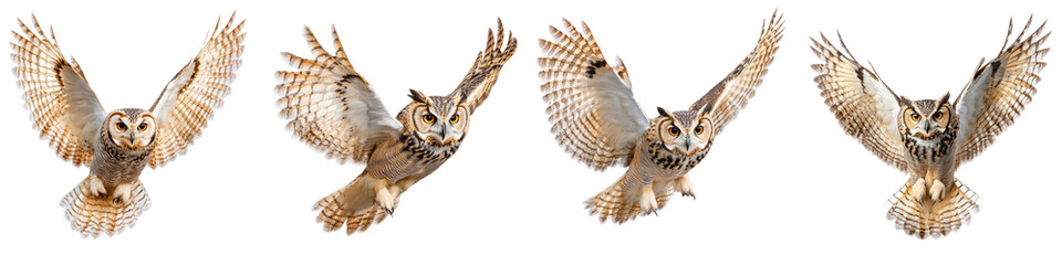 Fototapeta premium A collection of photographs capturing the graceful and powerful flight of various owl species highlighting their sharp talons keen eyes and natural hunting instincts in the wild