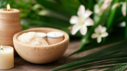 Tranquil Spa Setting  Candles  Flowers  and Exfoliating Scrub