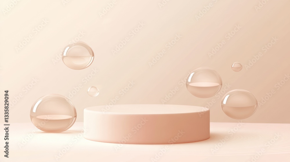 Poster pastel podium with floating bubbles; product display; minimal; soft; aesthetic; background; backdrop
