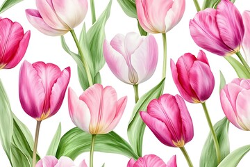 Obraz premium Seamless Watercolor Pink Tulip Pattern – Realistic Floral Design for Fabric & Decor