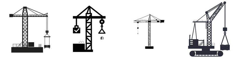 Four industrial cranes, white background isolated on white or transparent