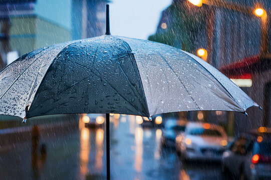 Regen prasselt auf einen Regenschirm