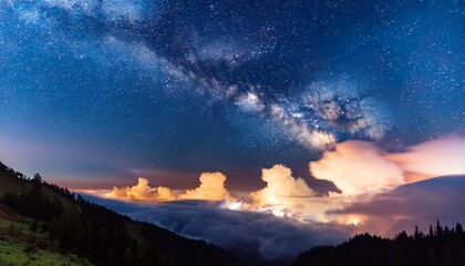 Naklejka premium stars shining in the night sky peeking through fluffy clouds during a warm summer evening stars night sky