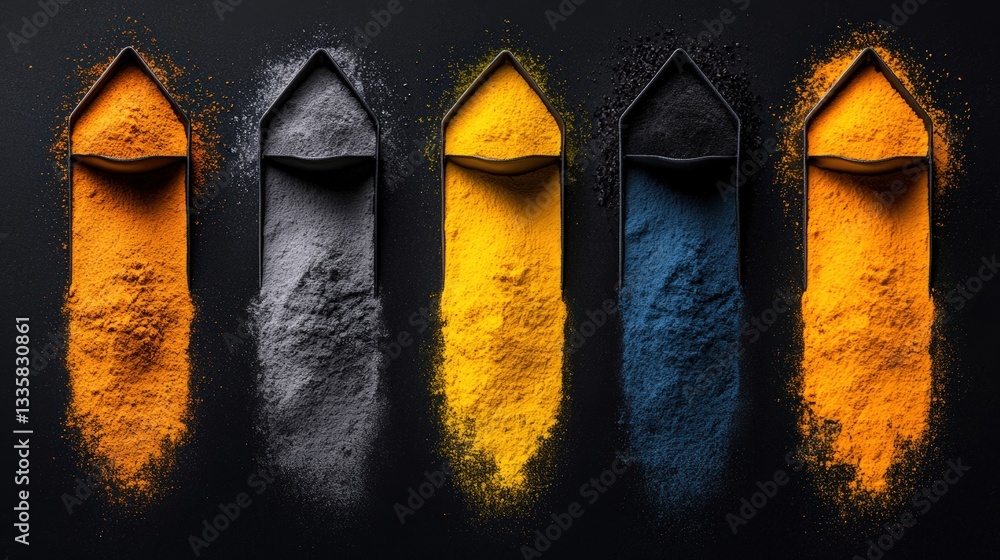 Aufkleber a row of different colored powders displayed in small containers on a wooden surface