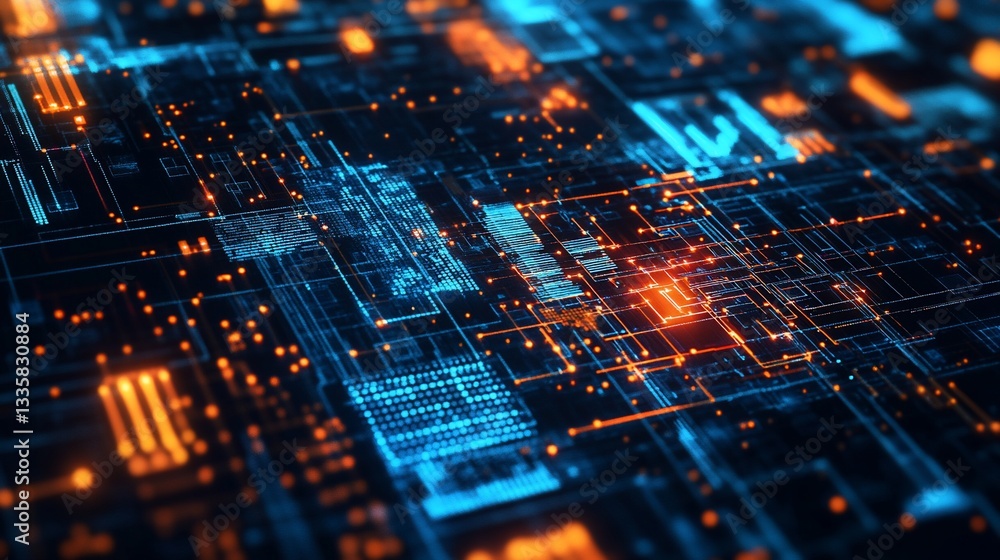 Poster futuristic circuit board visualization with glowing data streams abstract