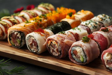 A variety of food wrapped in meat, including Prosciutto rolls and ham rolls with cheese on a wooden board