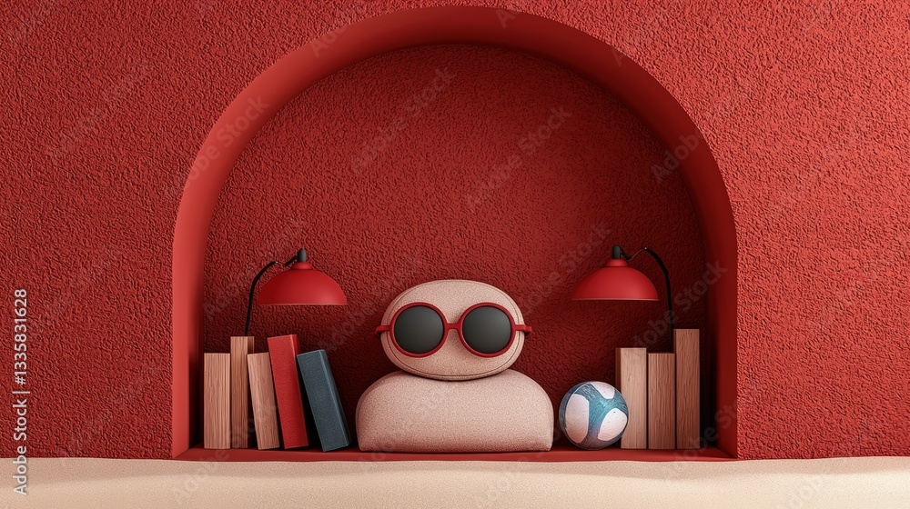 Poster cozy bookshelf adorned with a stylish lamp and well-organized books creating a reading nook