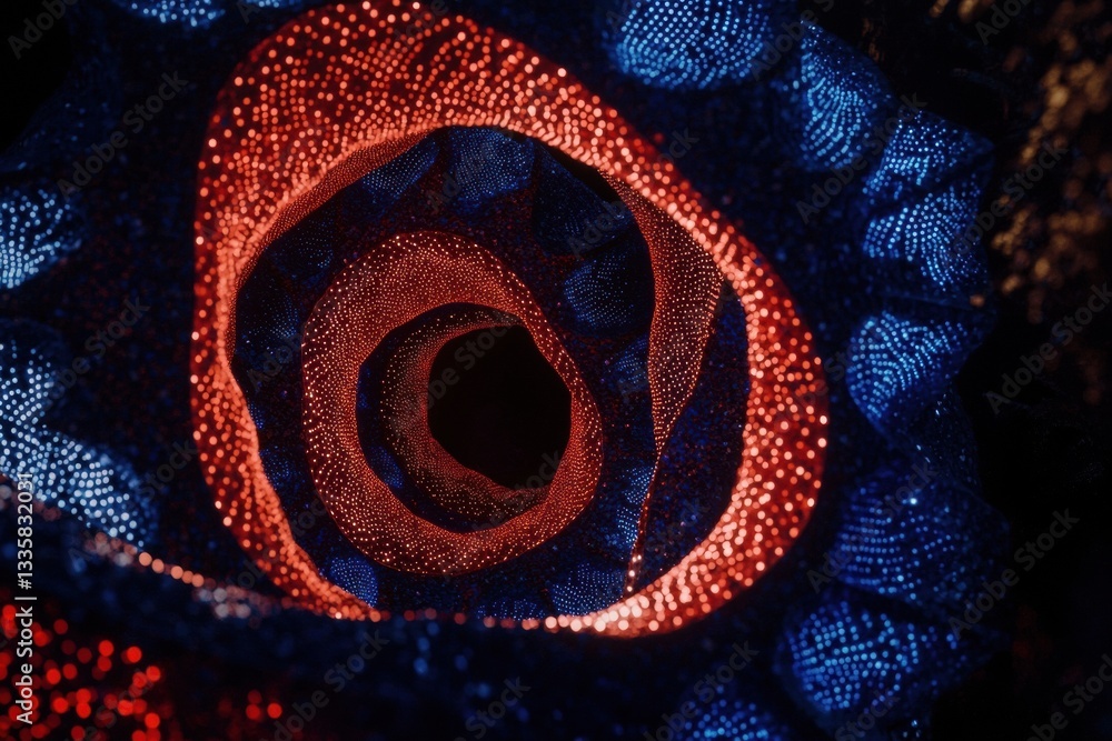 Poster abstract digital data tunnel with glowing binary code and vibrant blue red hues, illustrating techno