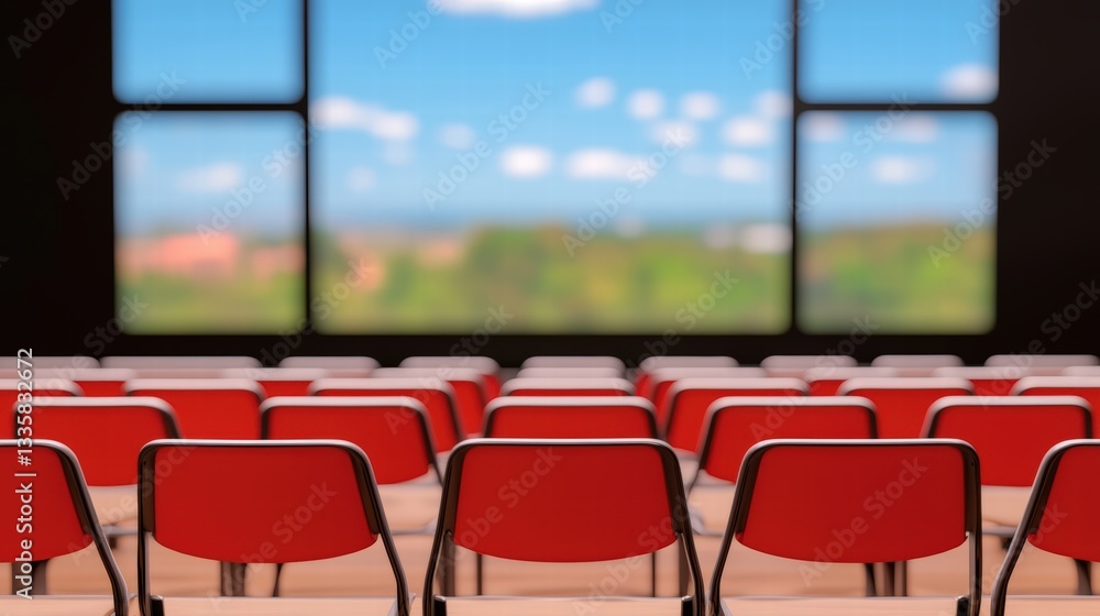 Poster bright classroom environment featuring rows of red chairs ready for students to engage and learn