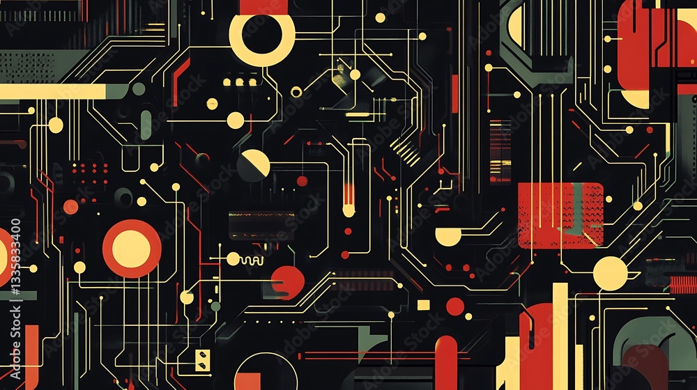 Poster abstract digital circuit artwork with geometric shape design in vibrant colors for technology electr