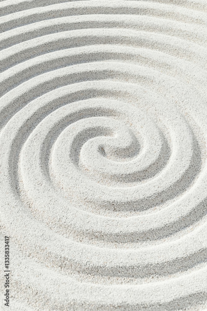 Poster maze pattern in white sand with a clear path to the center evokes serenity and tranquility.