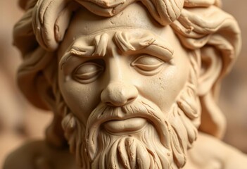 Close-up of sculpted clay figure resembling Adam, unfinished, showing texture and detail, origin,  narrative art