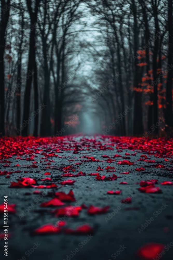 Poster autumn forest with red maple leaves falling on the ground, creating a beautiful scene.