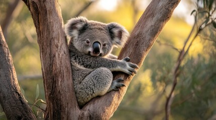 Calm Koala Relaxing on a Tree Branch in Australian Landscape