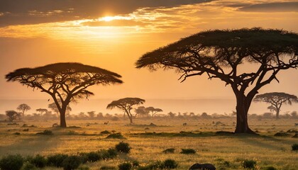 sunset in the serengeti, golden light of sunseta and trees