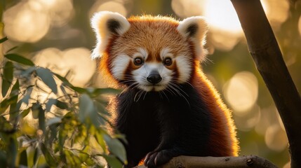 Charming Red Panda Sitting on a Branch in Soft Sunset Light
