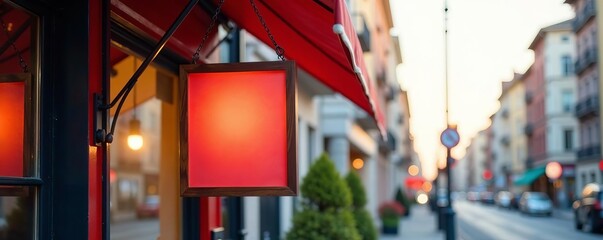 Obraz premium Colorful mockup sign hanging from awning in city street, street, sign, storefront