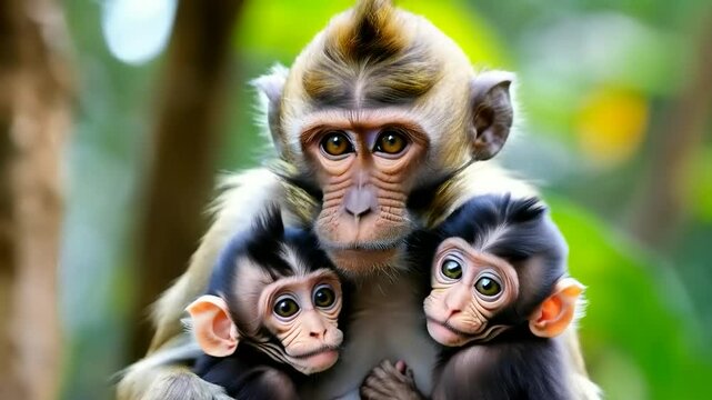 A heartwarming image of a monkey mother tenderly embracing her two infants. The family's gentle interaction showcases the beauty of primate kinship and the depth of maternal love.