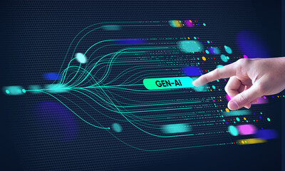 A hand showing technology, generative AI, gen AI,  artificial intelligence, cyber security, digital...