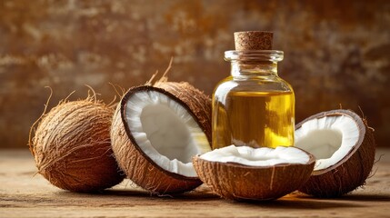 Coconut oil, whole and halved coconuts on a rustic wood surface.  Possible use Healthy cooking and wellness