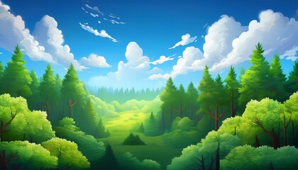 cartoon background for game and animation green forest with blue sky and clouds landscape