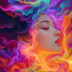 Ethereal portrait of a woman surrounded by colorful swirls dreamlike setting digital artwork abstract concept