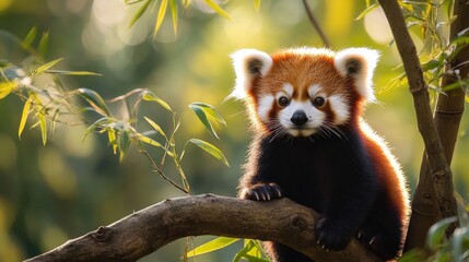 Fototapeta premium Cute Red Panda Sitting on Tree Branch in Lush Green Habitat