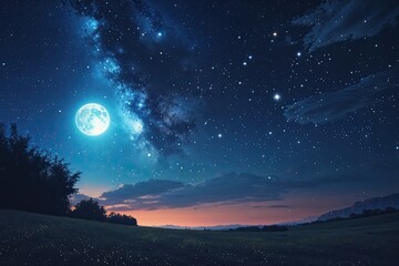 Fototapeta premium Enchanting Night Sky Wallpaper with Falling Stars and Moonlit Landscape