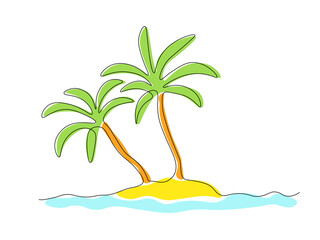 Abstract island in the ocean with palm trees, continuous single one line art hand drawing sketch logo