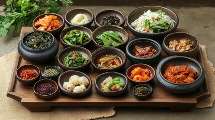 Assorted Korean banchan side dishes in bowls. Perfect for illustrating Korean cuisine, food blogs, or restaurant menus.