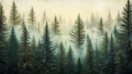Fototapeta premium An image of a dense pine forest, tall evergreen trees shrouded in fog