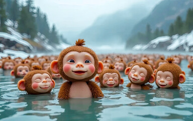 A group of cute brown monkey soaking in river with happiness mood,