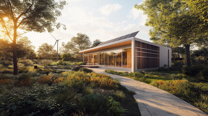 Eco-friendly modern house with solar panels on the roof and a small wind turbine in the courtyard, surrounded by a lush garden and natural greenery