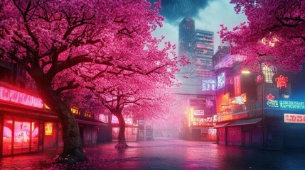 Fototapeta premium An illustration of anime background showcasing beautiful cityscape with cherry blossom trees in cyberpunk style