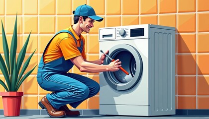 Handyman fixing washing machine in modern kitchen setting  