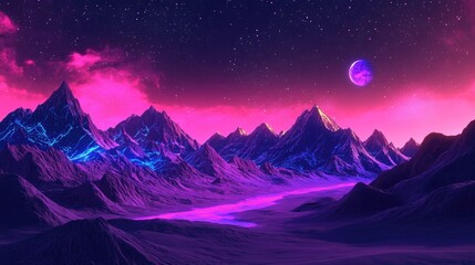 A scenic alien landscape with mountains and vibrant colorful skies
